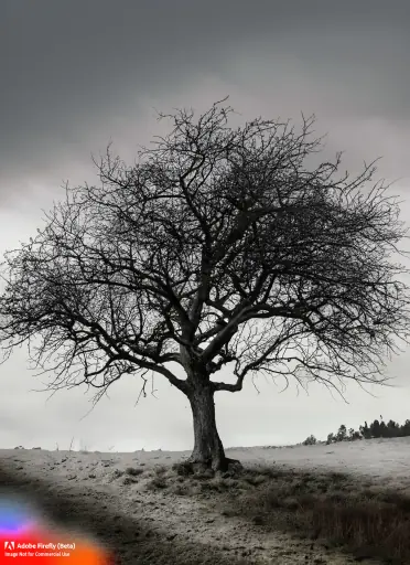 Firefly_A+melancholic, atmospheric image of a solitary apple tree standing tall in a somber, desolate landscape. The stark contrast of the barren environment emphasizes the tree's resilience, with  (1)